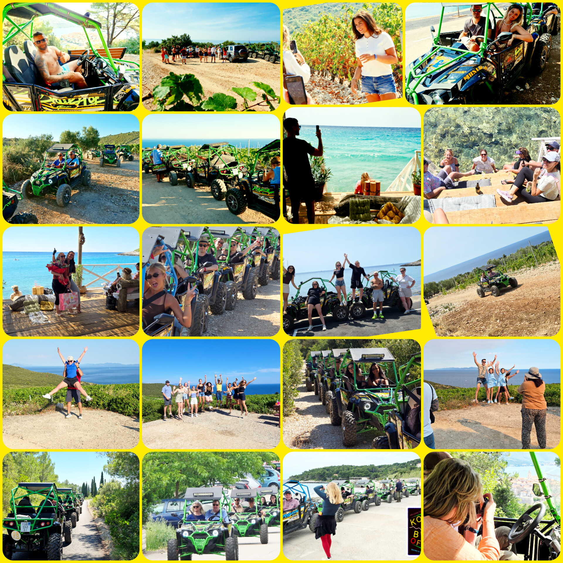Action shots and scenic routes from the Original Korcula Buggy Official Safari, featuring off-road buggy convoys, island viewpoints, and coastal driving.