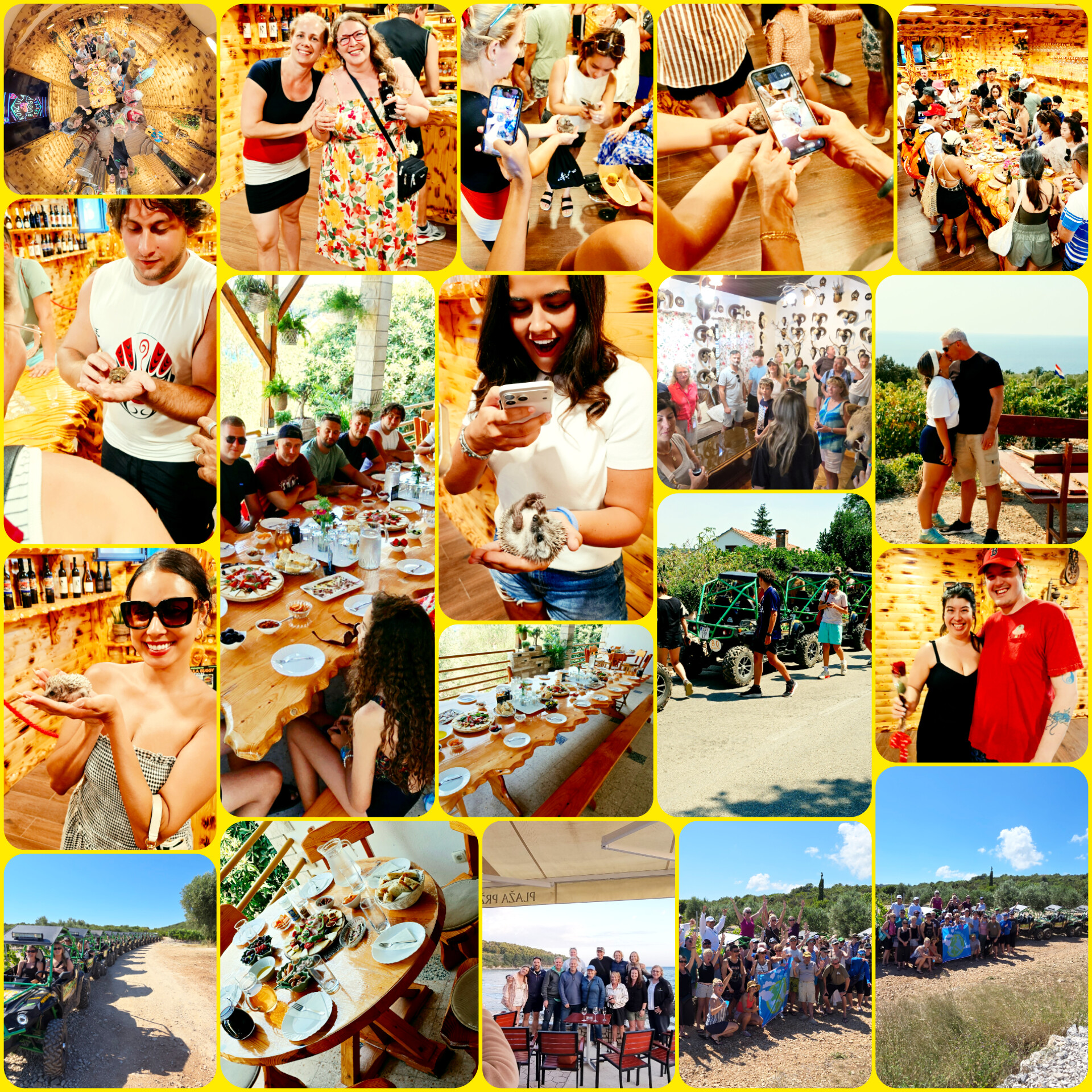 Collage of memories from the original Korcula Buggy Official Safari, showing off-road driving through nature, wine tasting and local food in the cellar, happy guests, and groups.